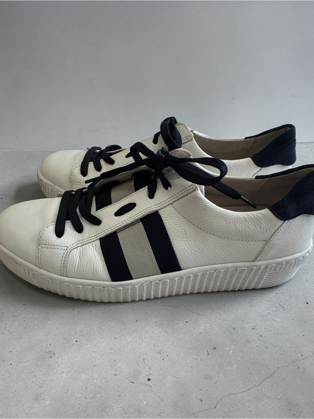 Gabor White Leather Sneakers with Navy Stripes